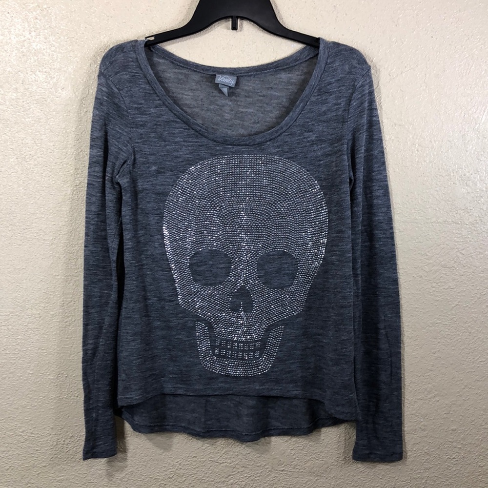 Vanity Knit Top Blouse Gray M w/Skull Embellished Stretchy Pullover Long Sleeve